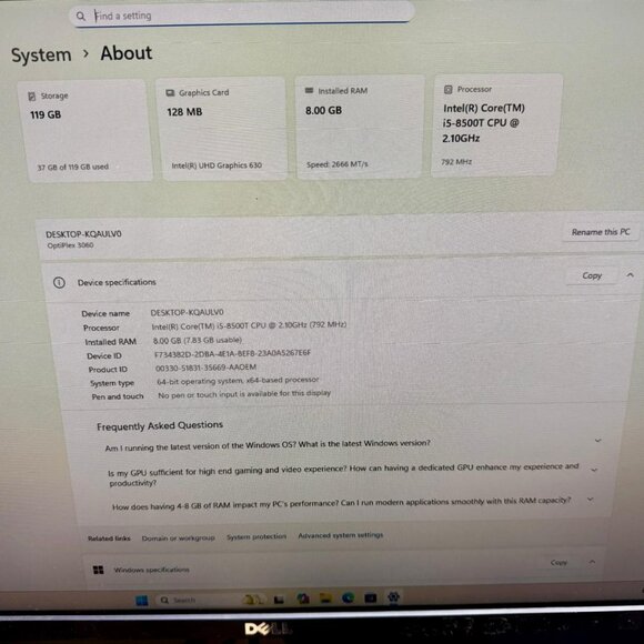 Dell OptiPlex 3060 Intel Core i5-8500T 8GB RAM 128GB SSD Desktop PC